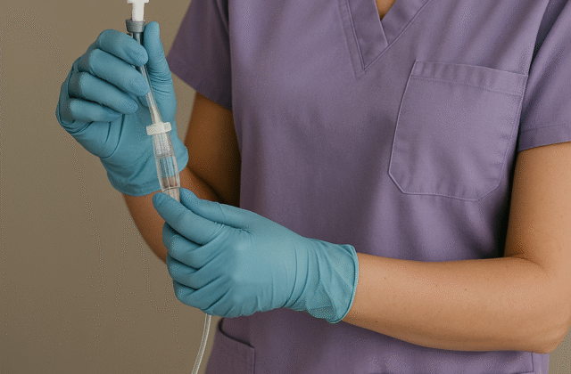 Arstiõde lavendellillas riietuses intralipiidi manustamas.